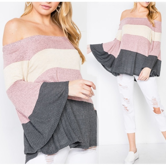 Pop Kiss Tops - Soft Cozy Off Shoulder Color Block Bell Sleeve Top